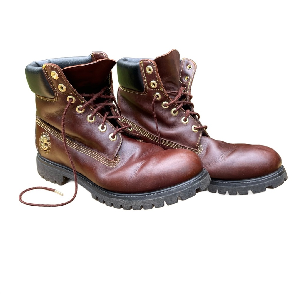 Timberland 6 inch Boots Mens Size 11M Brown Leather Gold Logo Thread 455334034
